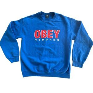 Obey Records Men's Blue Sweatshirt Size Medium Crewneck Graphic Long Sleeve